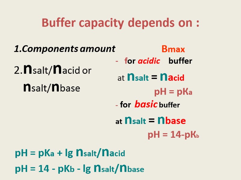 Buffer capacity depends on :  pH = pKa + lg nsalt/nacid pH =